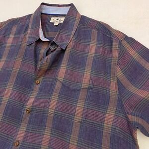 NEW True Grit Mens XXL 100% Linen Short Sleeve Plaid Button Down Shirt